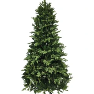 Green Christmas tree decorated with warm string lights