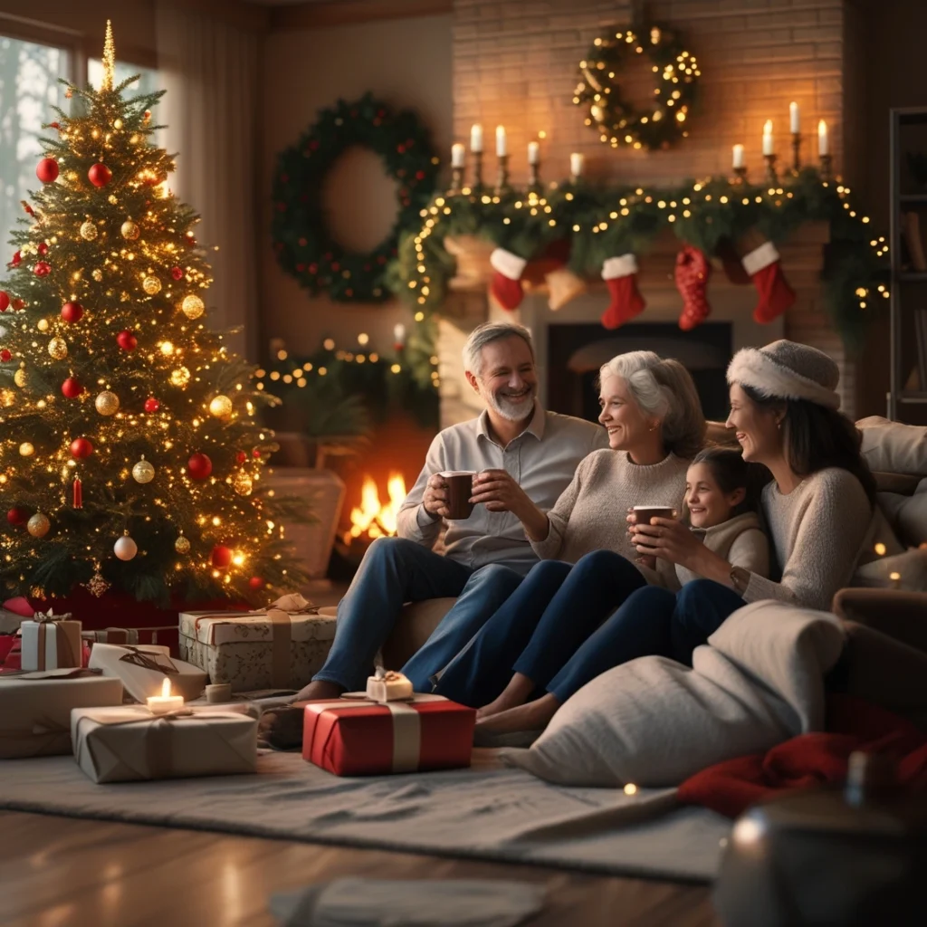 Family of four sitting on a beige couch with mugs, smiling in a cozy living room decorated for Christmas with a tree, red and gold ornaments, fireplace, stockings, and wrapped gifts.