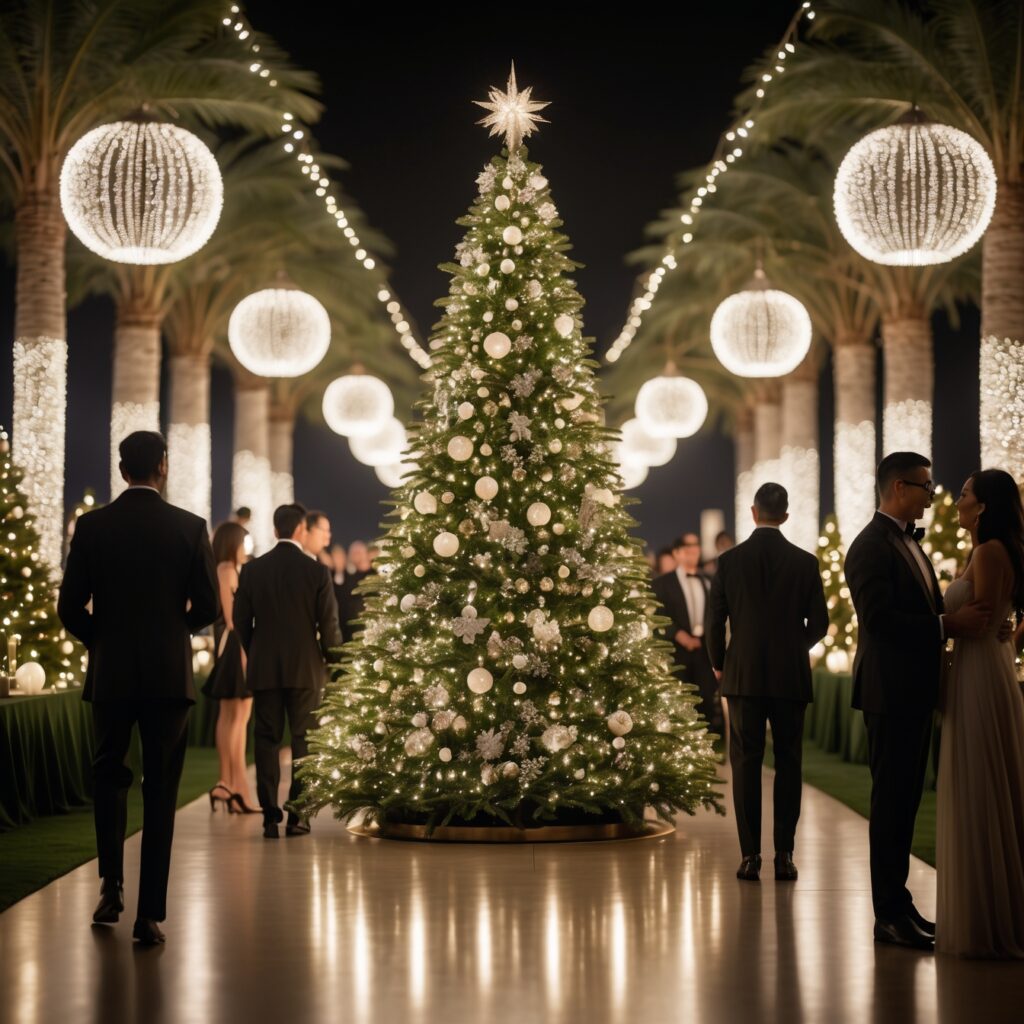 An exclusive designer Christmas tree at a high-end holiday event, surrounded by elegantly dressed guests, sparkling lights, luxurious décor, professional styling, Southern California upscale setting, photorealistic, cinematic lighting, festive and elegant atmosphere