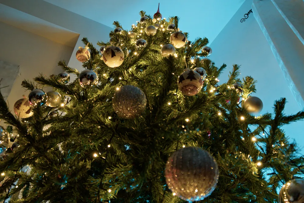 Lush green Christmas tree decorated with gold, silver, and beige ornaments and warm string lights, viewed from below for a festive holiday atmosphere.