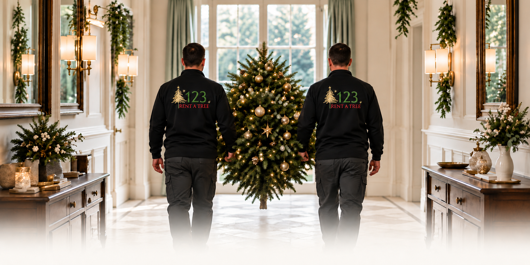 Christmas tree delivery in elegant hallway