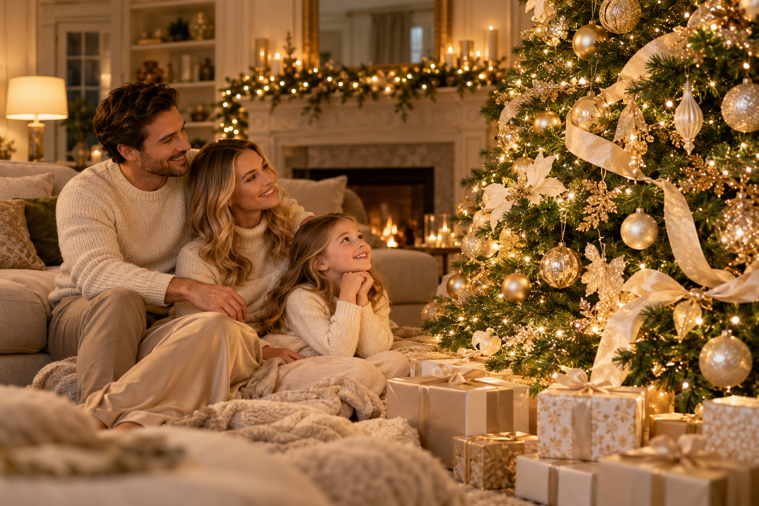 Family admires a beautifully styled Christmas tree